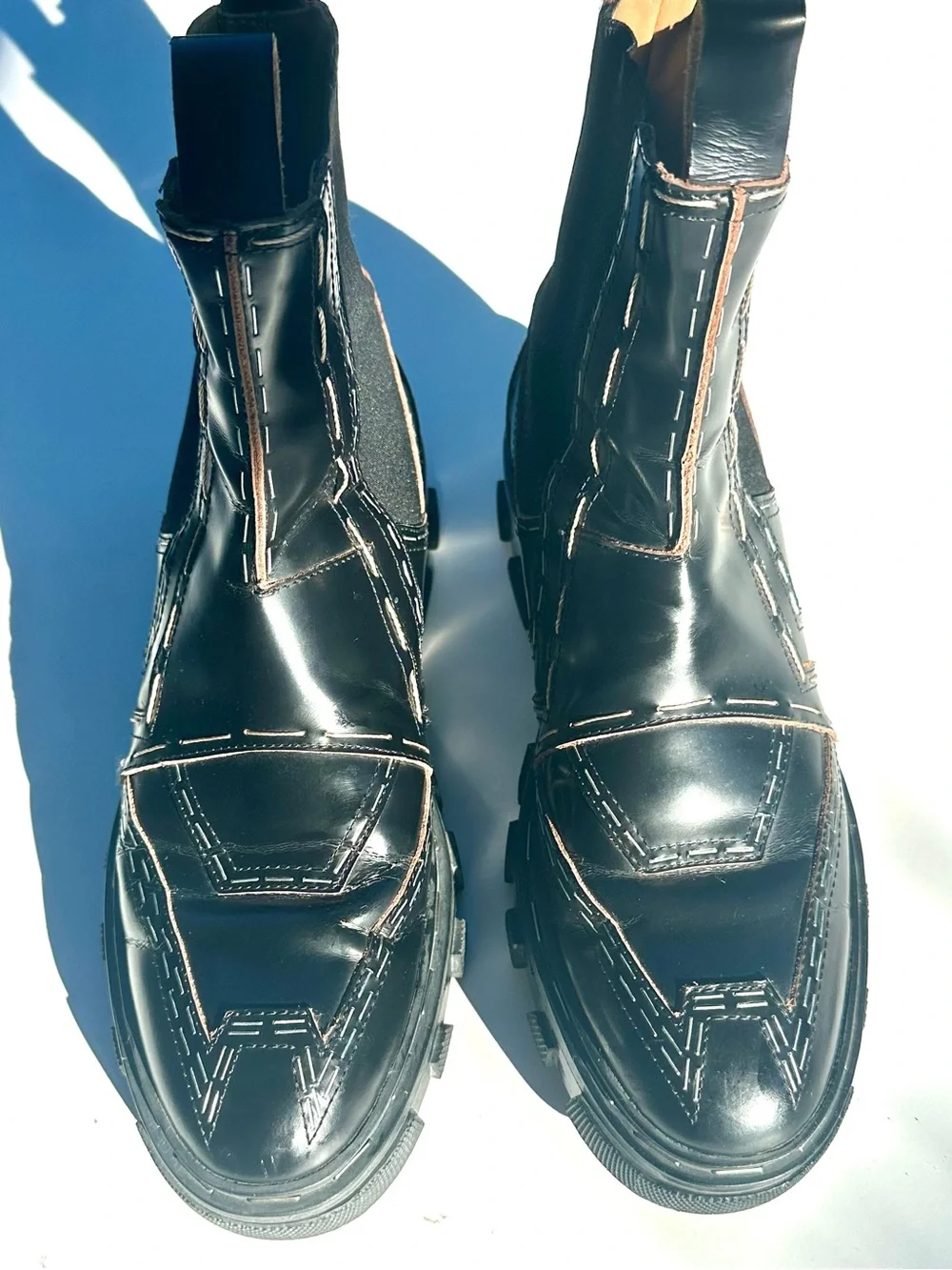 Balenciaga Stapled Leather Black Chelsea Lug Boots Exposed Stitching, 7